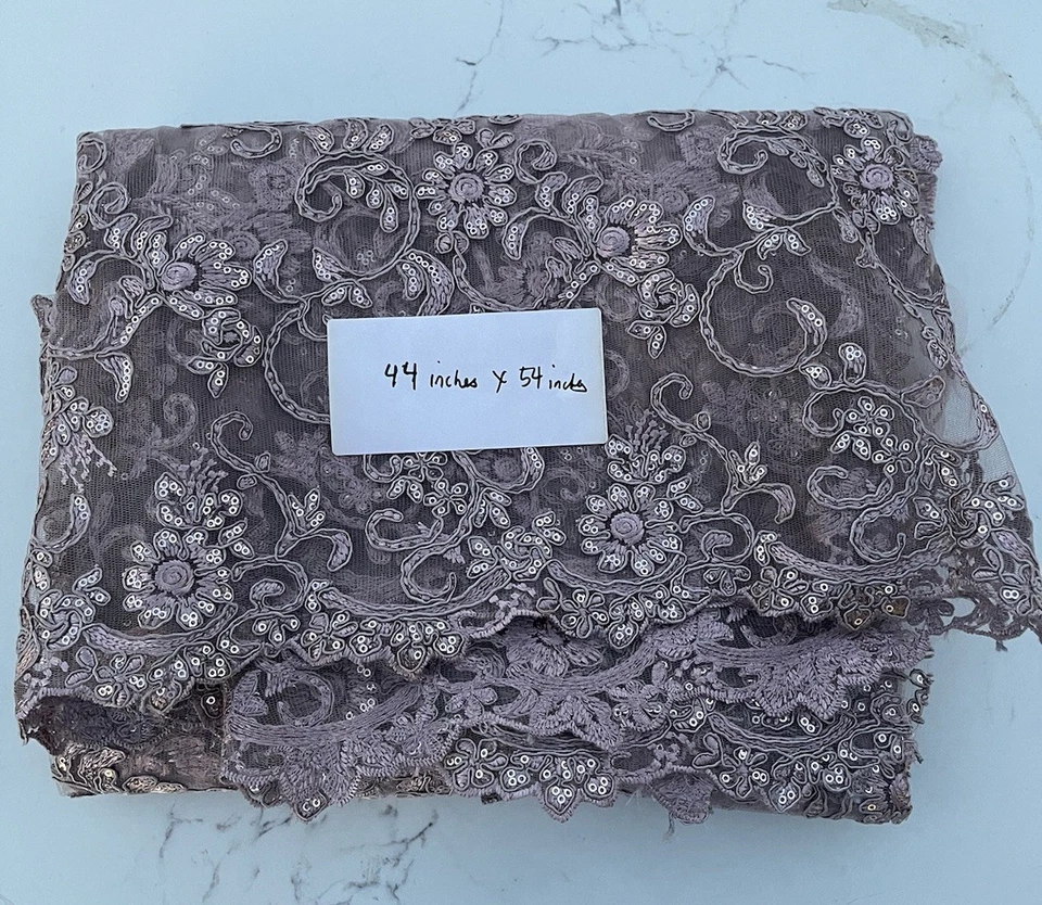 Sale! Mauve Embroidery Floral Pattern Sequined Cord Heavy Lace Fabric 44” x 54” - Image 1 of 4