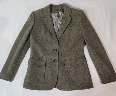 Polo Ralph Lauren Blazer женщин 14 зеленый Herringbone шерсти полностью с подкладкой куртка винтажный - Изображение 1 из 4