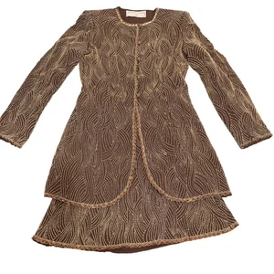 Traje Blazer y Falda Vintage Emanuel Ungaro Marrón Con Cuentas Manga Larga Forrado Talla S - Imagen 1 de 11