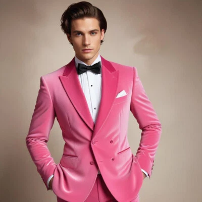 Men's Pink Double Breasted Slim fit Party Wear Elegant Wedding Velvet Coat - Image 1 of 4