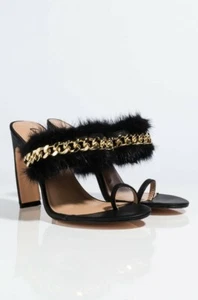 NEW with Box Stylish Black Feathered Mule with Gold Chain Detail - Picture 1 of 3