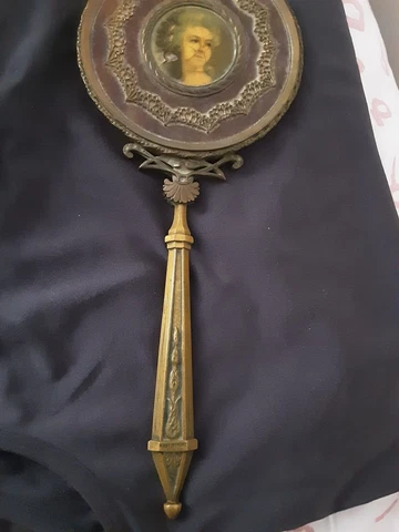 antique french paris stamp bronze & enamel miniature hand mirror Cover