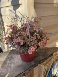 Red Rustic Metal Bucket W/ Artificial Flowers & Moss 13” T 12 W Table Decor - Picture 1 of 11