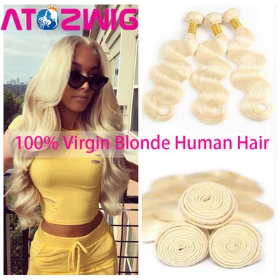 3 комплекта прямых волос Virgin Remy натуральные человеческие волосы шиньоны утка блондинка #613 - Изображение 1 из 4