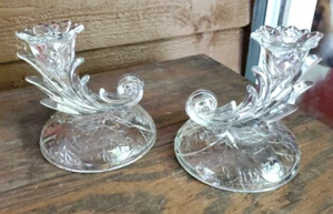 Vintage Art Nouveau Cut Glass Candlestick Pair Clear Glass - Picture 1 of 9