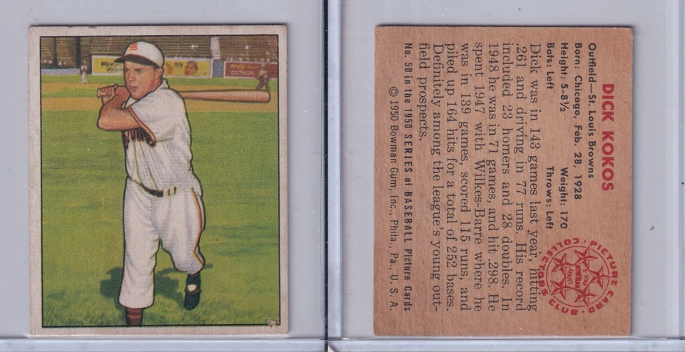 1950 Bowman Baseball Card # 50 Dick Kokos St. Louis Browns OF GOOD - Image 1 of 1