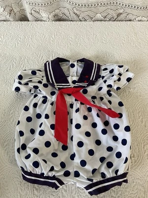 Traje Mameluco Bebé Niña Marinero Azul Oscuro y Blanco Lunares Vintage Años 80 Foto 1 de 4