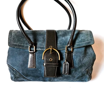 Bolso Cartera Coach Soho De Colección Denim Azul Gamuza Cuero Marrón 9507 Foto 1 de 4