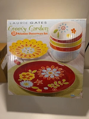 Laurie Gates Groovy Garden 12 Pc Melamine Dinnerware Set Hard to Find New In Box - Image 1 of 4