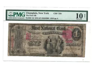 $1 1st National Bank of Champlain, NY PMG VG10 Net RARE New York Ace 1875 - Picture 1 of 2