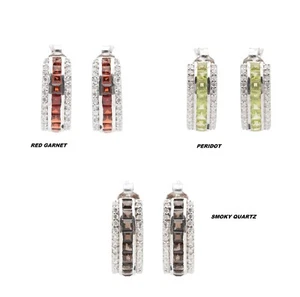 925 Sterling Silver Square Cut Gemstone Stud Earrings in Garnet, Peridot, Quartz - Picture 1 of 10