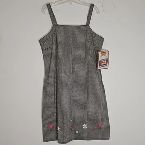 Route 66 Dress Womens 9/10 Black Gingham Floral Denim Jumper 80s 90s Cotton NEW - Picture 1 of 13