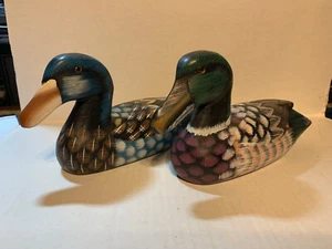 (2) Hand Painted Wooden Mallard Ducks 9 inches Long Lot Of 2 - Picture 1 of 5