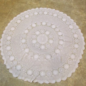 Crocheted Tablecloth 54" Round Lace Tablecloth Ecru Vintage - Picture 1 of 9