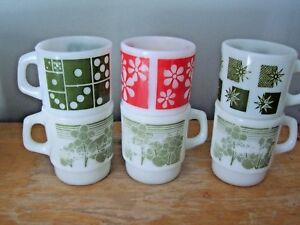 LOT OF 6 VINTAGE STACKING COFFEE MUGS - FIRE KING & ANCHOR HOCKING 