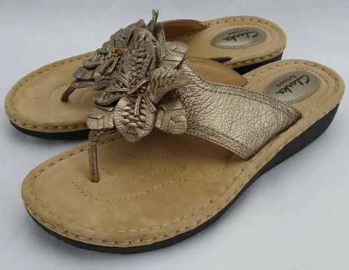 Sandali Clarks donna 9 5 perizoma zeppa artigianale oro pelle metallizzata floreale