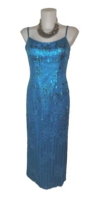 Y2k 90s Alyce Sz 6 Women's Blue Beaded Sequin Prom Cocktail Party Slip Dress - Image 1 of 4