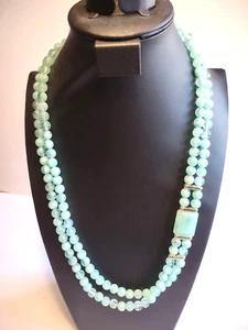 Vintage Light Green Double Strand Bead Necklace with Silver Tone Round Clasp - Picture 1 of 5
