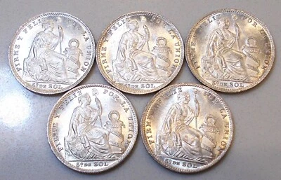 1916 PERU 1/5 SOL F.G-R SILVER COINS! BU++ CONDITION! 30 AVAILABLE! - Image 1 of 4
