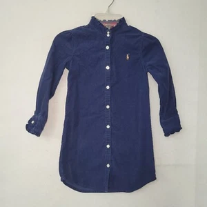 Ralph Lauren Dress Girl 5 Blue Cordoroy Collard Long Sleeve Shirtdress Logo Prep - Picture 1 of 12