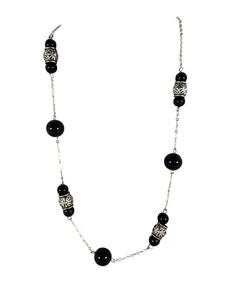 Silver & Black Beaded Necklace Italian RMN Silver-Tone Accents 17 inch Vintage - Picture 1 of 8