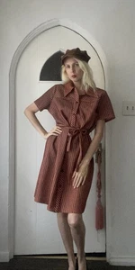 Vintage 70s Button Down Brown Orange Poly Tiny Check Belted Collared Dress M/L - Picture 1 of 6