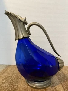 Vintage DUCK GOOSE SHAPED Cobalt BLUE Crystal Glass Silver PlateDECANTER PITCHER - Picture 1 of 13