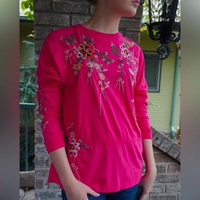 Johnny Was Sudadera Mujer Mediana Rosa Bordada Floral Manga Larga Top Foto 1 de 4