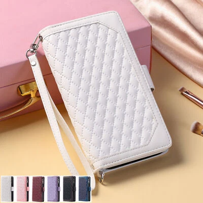 Zipper Leather Grid Card Wallet Phone Case For LG V30 V60 Q60 K50 G7 K40 G6 - Image 1 of 4