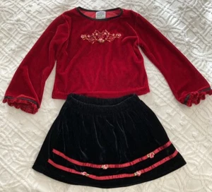 Vintage Samt Outfit Gr. 3T rot Top schwarz Rock Band Rosenborte einfach Basic - Bild 1 von 13