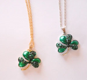St. Patrick's Day Green Shamrock Necklace w Green Crystals / Gold or Silver-Tone - Picture 1 of 3
