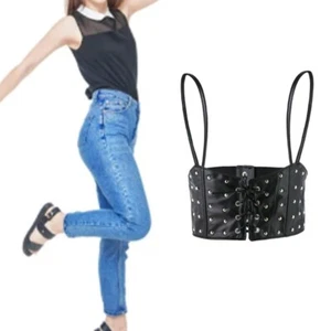 Black PU Leathers Waist Seal Cinched Slim-Fit Vest Womens Underbust Corset - Picture 1 of 9