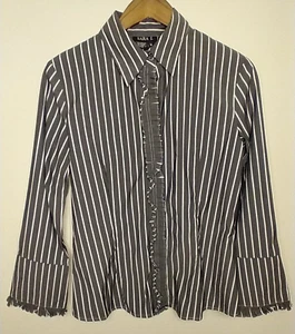 Sara I Women’s Sz M Gray Cotton Blend White Striped Ruffle Front Button Top - Picture 1 of 12