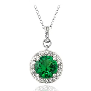 925 Silver 2.75ct Lab Created Green Quartz & White Sapphire Round Necklace, 18" - Picture 1 of 4