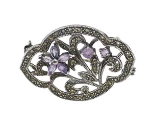 ART DECO DESIGN GENUINE AMETHYST & MARCASITE STERLING FLORAL PIN BROOCH NWT - Picture 1 of 15