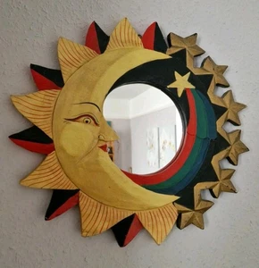 Vintage Handmade & Painted Wooden Sun, Moon & Stars Mirror. 40cm x 37cm - Picture 1 of 7
