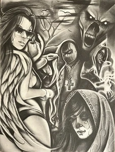 Texas Prison Chicano Angel & Demon Midnight Art drawing Artist Board 20” X 15” - Picture 1 of 10