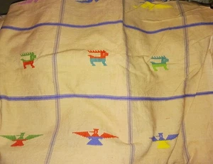 Vintage Rare Woven Southwestern Linen Cotton Aztec Fabric W/ Embroidery 96"x72" - Picture 1 of 8