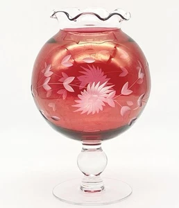 VTG Pedestal Globe Vase Cranberry Red Glass w Etched Florals & Ruffed Edge - Picture 1 of 6