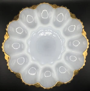 Vintage Anchor Hocking White Milk Glass 12 dz Egg Oyster Plate Platter Gold Trim - Picture 1 of 9