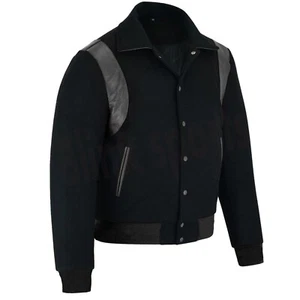 Chaquetas universitarias Letterman cuerpo de lana negra y mangas de cuero a tira negra chaquetas - Imagen 1 de 4