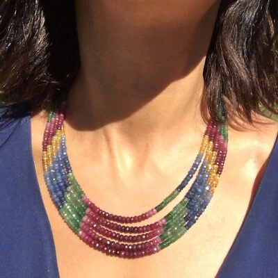5 Strand Natural Multi Emerald Sapphire Ruby Preciouses Gemstone Necklace 16" - Image 1 of 4