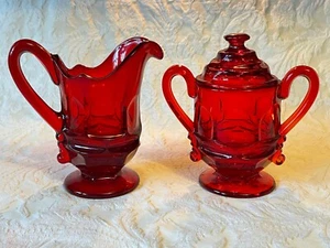 FOSTORIA ARGUS RUBY RED CREAMER & SUGAR WITH COVER LID Henry Ford Museum HFM - Picture 1 of 8