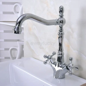 Polished Chrome Dual Cross Handle Bathroom Sink Swivel Kitchen Faucet Mixer Tap - Picture 1 of 9