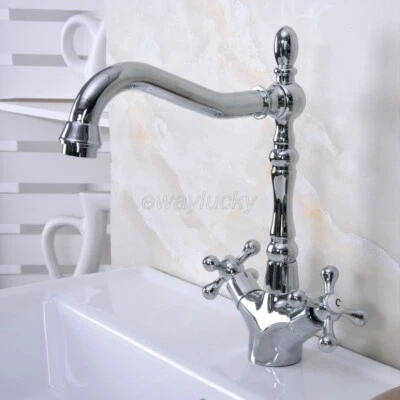 Polished Chrome Dual Cross Handle Bathroom Sink Swivel Kitchen Faucet Mixer Tap - Image 1 of 4