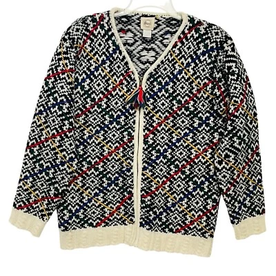 100% Wool Bass Cardigan Multicolor knit Women’s Sweater Full Zip/Tassel Sz S - Image 1 of 4