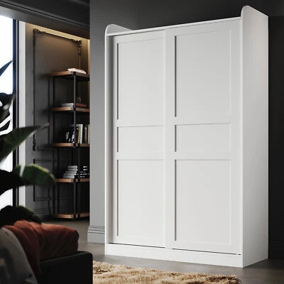 ELEGANT Bedroom 2 Sliding Door Wardrobe Matt White with 2 Hanging Rail Storage Cupboards