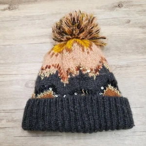 Zara Hat Beanie Pom Pom Knit Sequins Fair Isle Gray Peach Womens Winter Warm - Picture 1 of 4