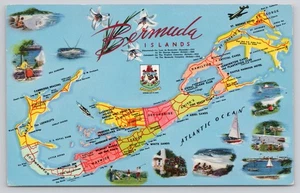 Bermuda Islands Map Pictorial Scenes Atlantic Ocean Roads & Cities Postcard - Picture 1 of 2