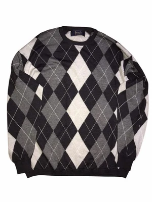 Suéter Pullover Pringle of Scotland 100% Lana de Cordero Hombres Argyle Negro Gris XL C15 Foto 1 de 4